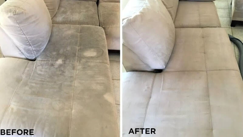 تصویری از قبل و بعد مبل مخمل پس از تمیز شدن آن